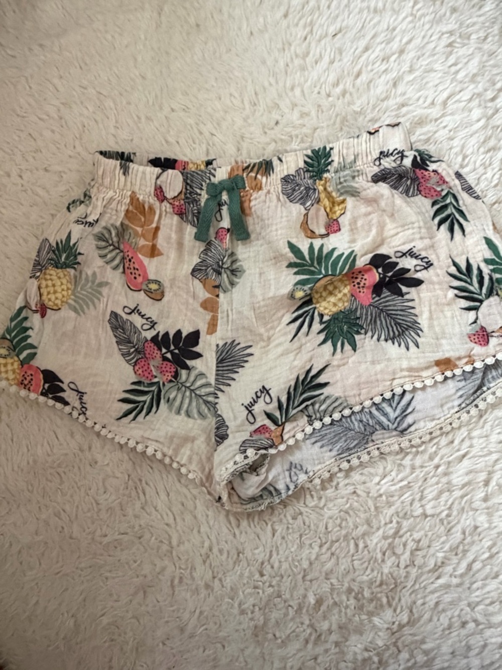 Vintage Y2K Juicy Couture White Tropical Fruit Lounge Shorts with Drawstring